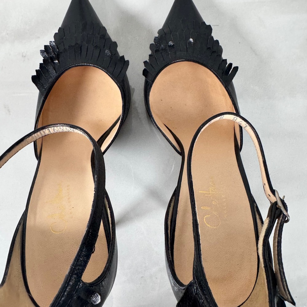Cole Haan Collection Black Fringe Stiletto Heels Ankle Strap Pointed Toe Leather - Picture 6 of 15